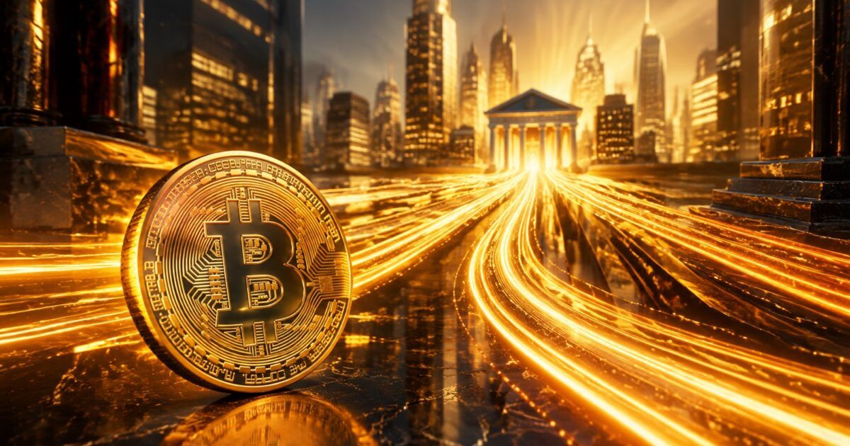 Bitcoin coin with streams of institutional capital flowing toward a financial district