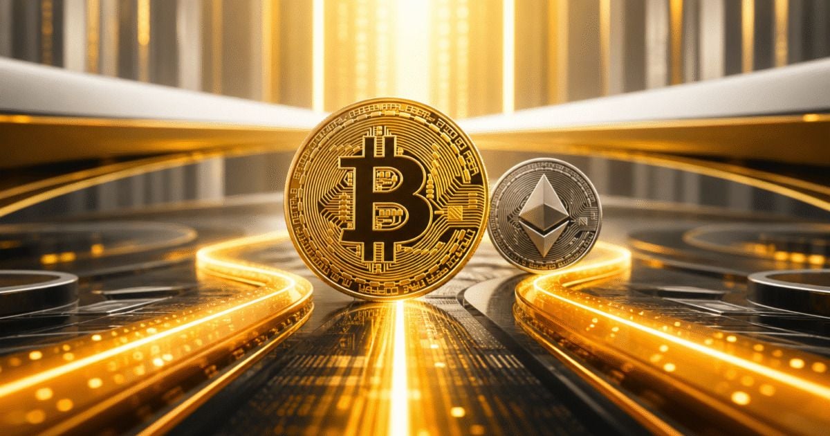 Bitcoin and Ethereum tokens framed by bright institutional capital lanes