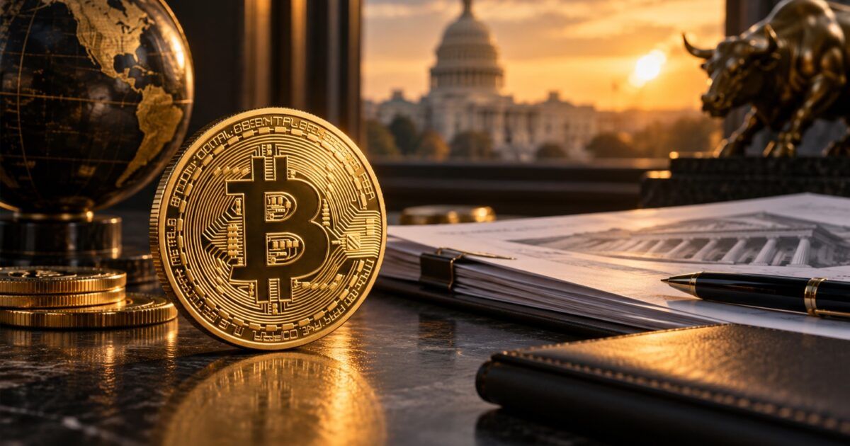 Gold Bitcoin token beside institutional investment paperwork in a warm market setting