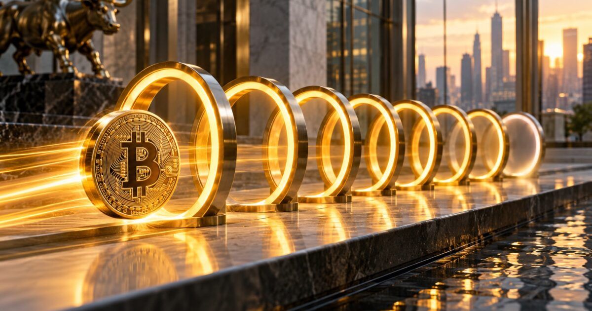 Bitcoin moving through nine illuminated institutional market stages