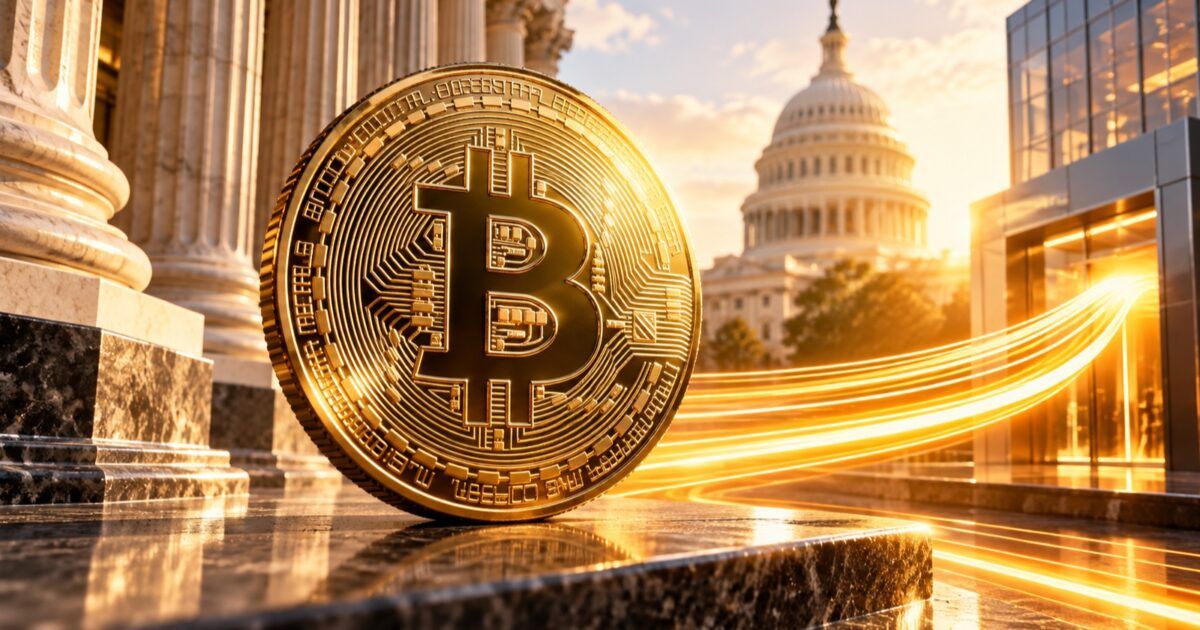 Bitcoin coin illuminated by institutional capital flows near financial buildings