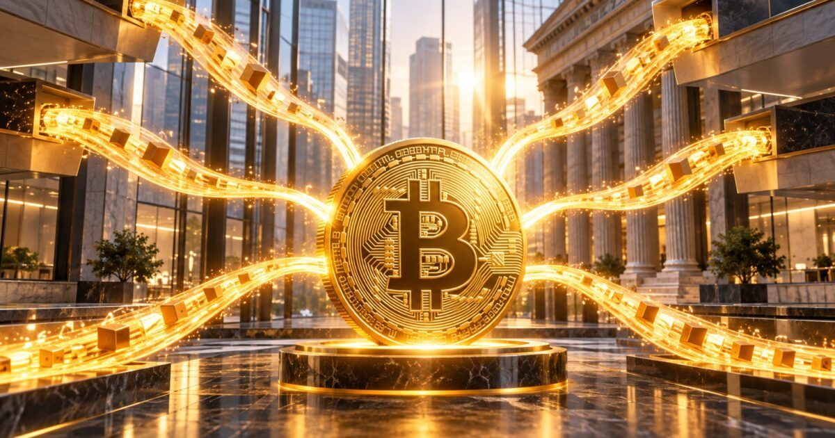 Six streams of institutional capital converge on a gold Bitcoin in a bright yellow-orange financial setting