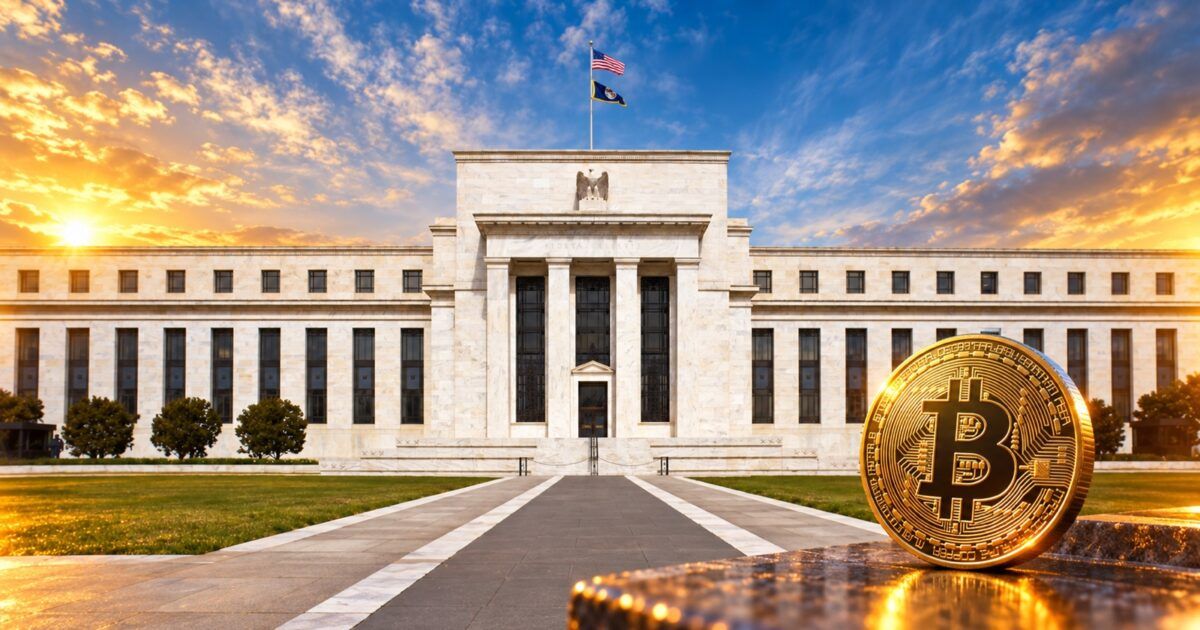 Bitcoin coin outside the Federal Reserve Board building