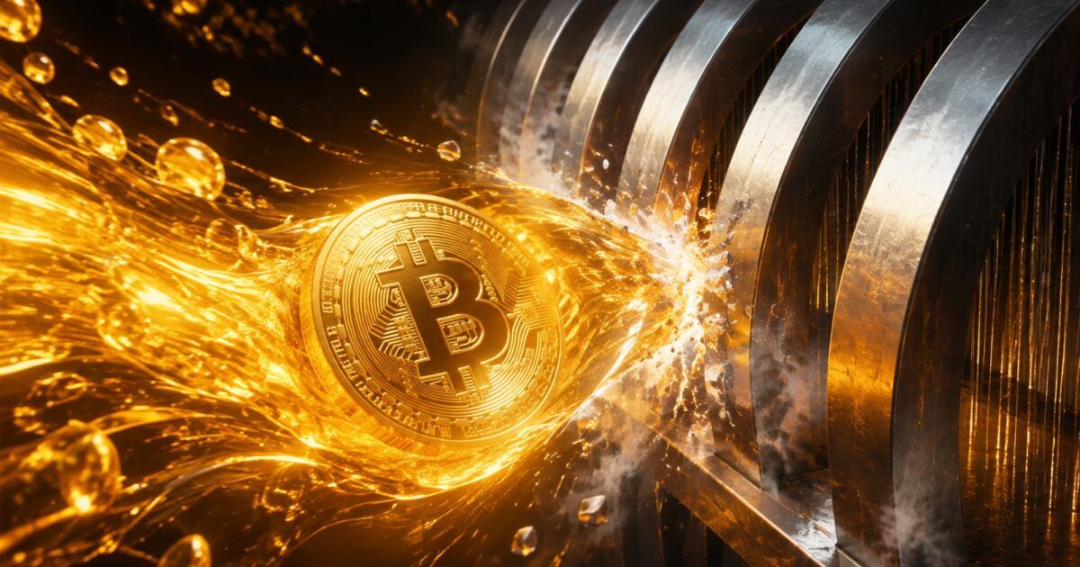 Bitcoin moving through a bright liquidity stream toward metallic rate barriers