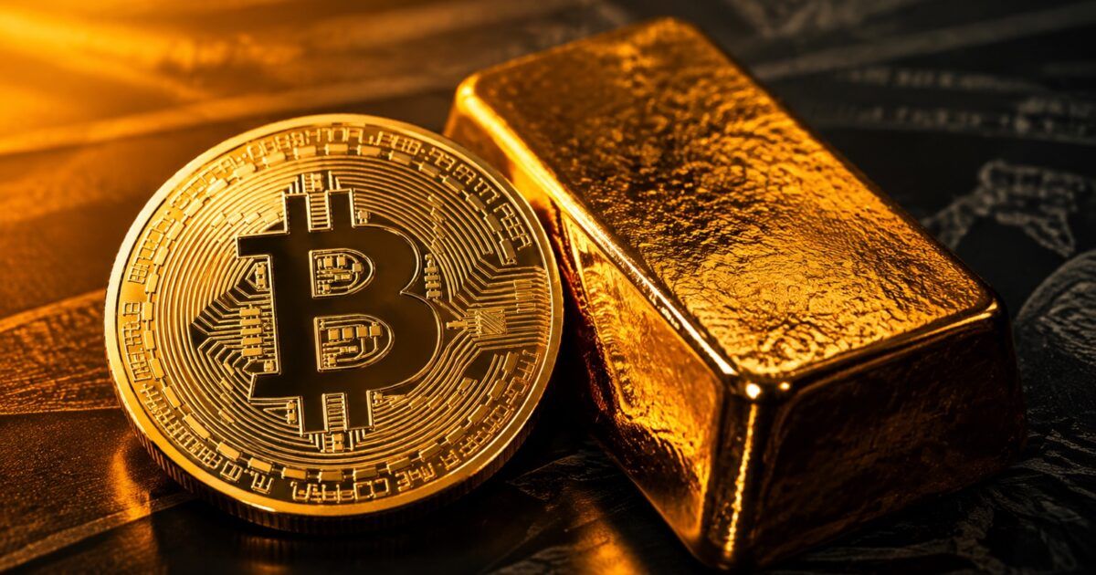 A physical Bitcoin coin beside a gold bar under warm orange light