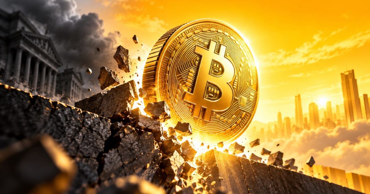 A metallic Bitcoin breaking through a resistance barrier into bright golden light