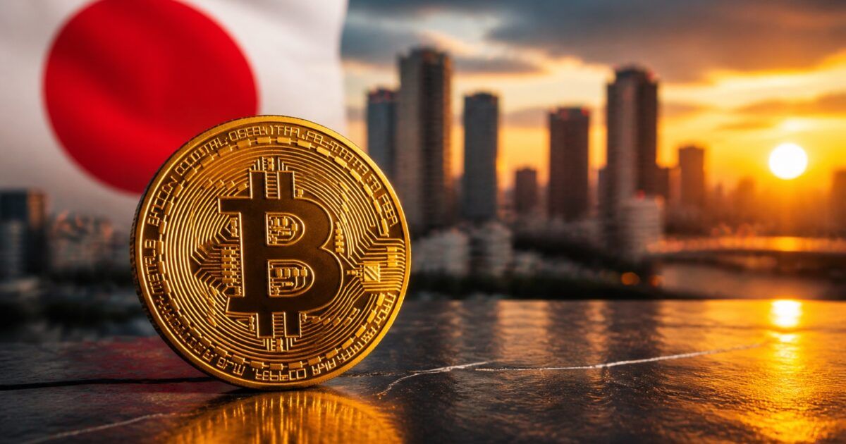 Bitcoin token against a Tokyo skyline under warm orange light