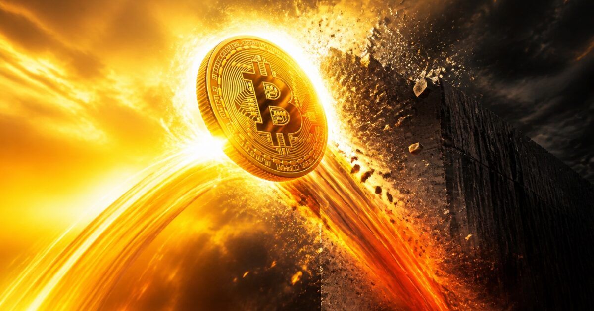 Bitcoin coin collides with a dark pressure wall after a sharp market reversal