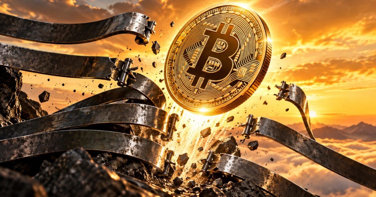 Bitcoin breaking through metallic tension bands in a bright orange market-pressure scene