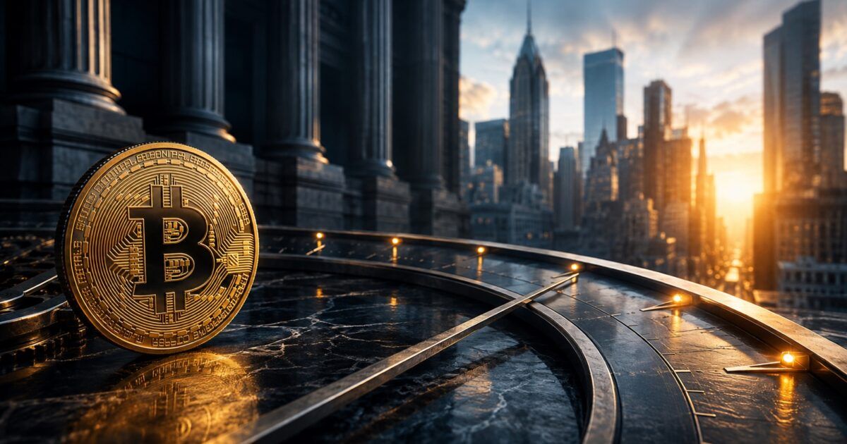 Bitcoin coin beside an elongated clock arc overlooking an institutional financial district