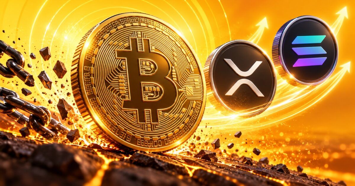 Bitcoin coin holding firm as XRP and Solana rise through a bright orange market field