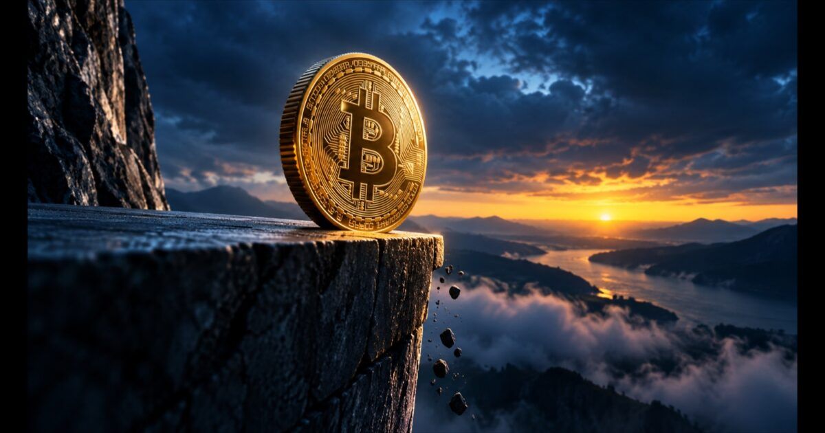 A Bitcoin coin poised on a stone threshold above a blue mountain landscape at sunrise