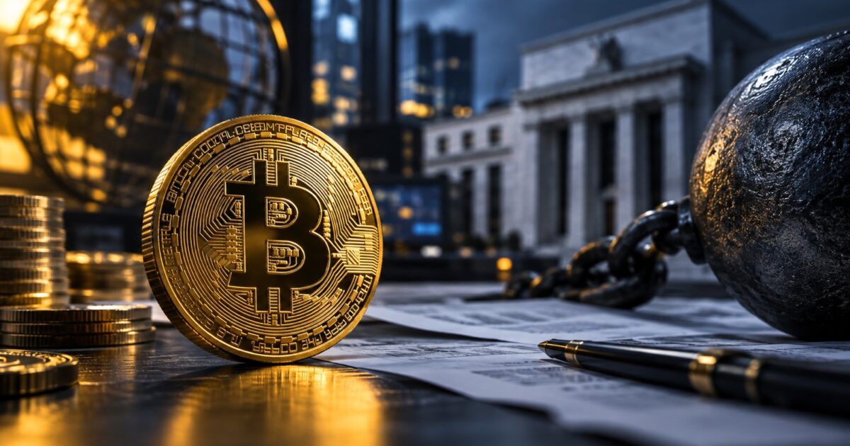 Bitcoin token under amber light beside institutional bond-market papers