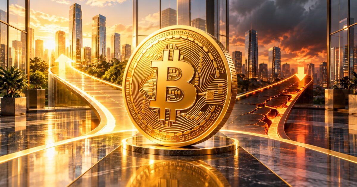 Gold Bitcoin coin between a bright rising path and a darker falling path in a corporate setting