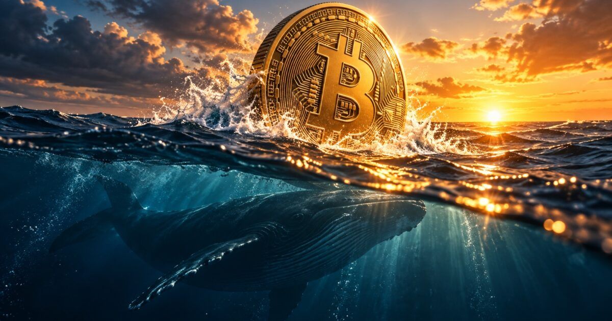 A Bitcoin coin rises above the ocean as a whale swims below