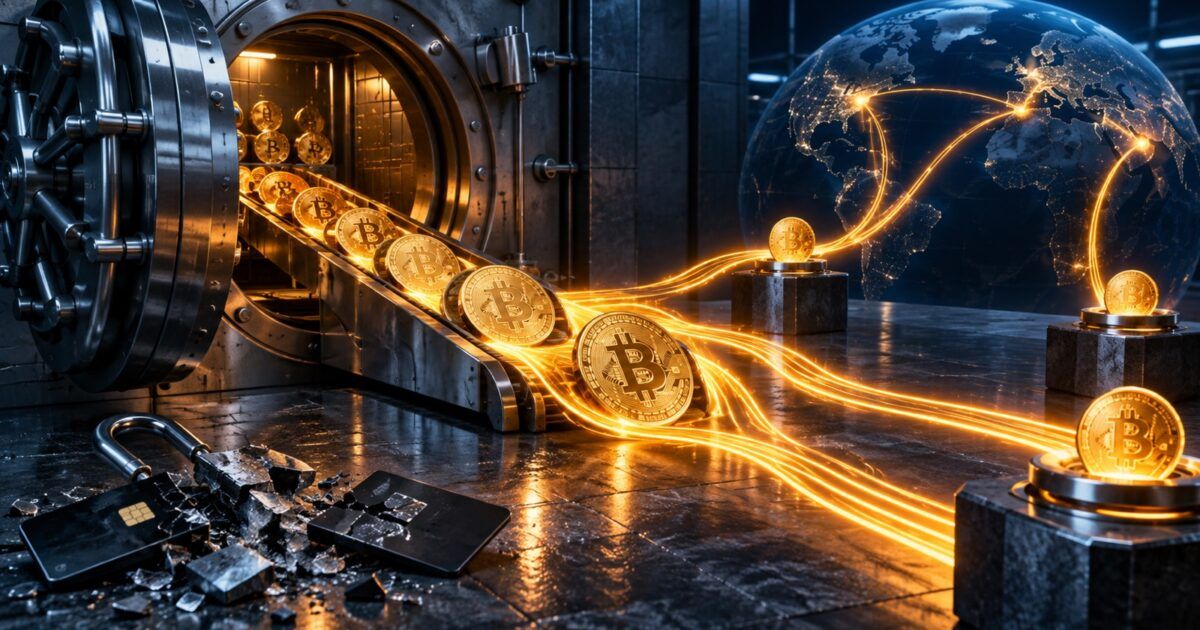Bitcoin tokens move from a secured vault through distinct global network conduits after a breach