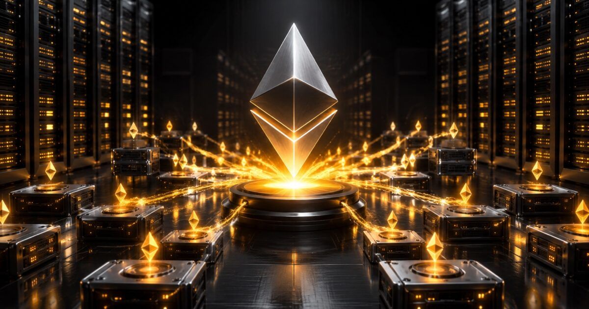 Ethereum symbols connected through a validator network with orange light