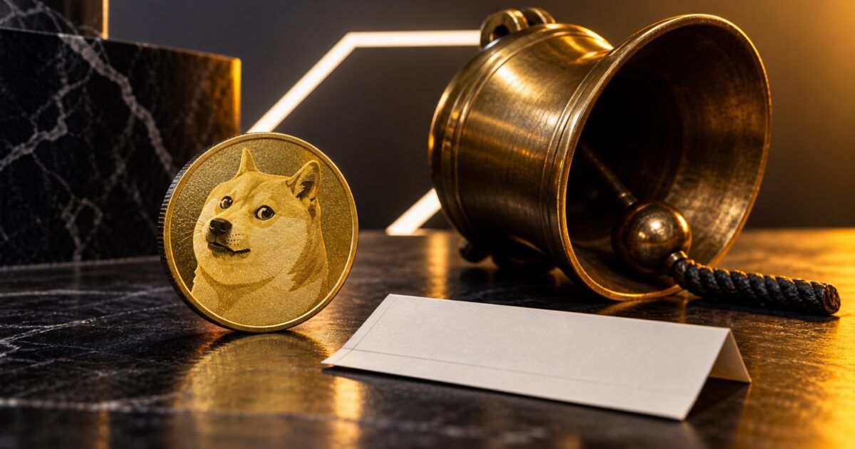 Dogecoin coin beside a closing exchange bell and blank trading ticket