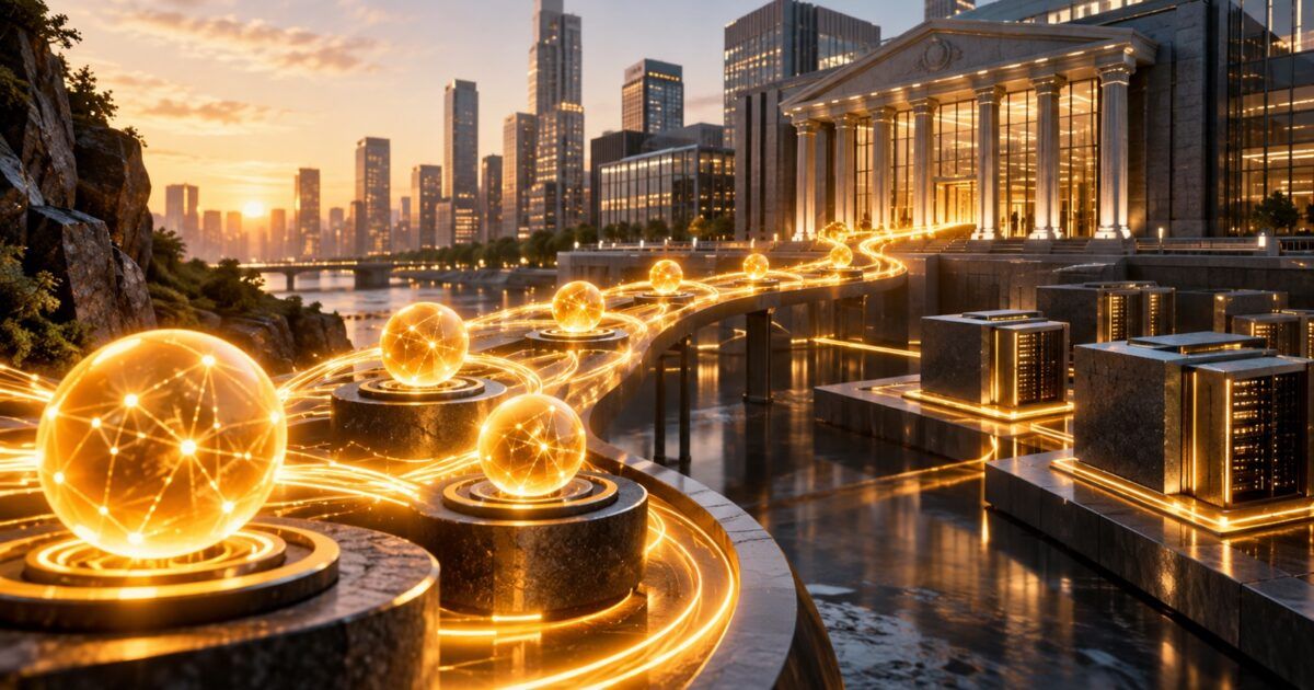 Yellow-orange staking network pathway leading toward an institutional exchange building