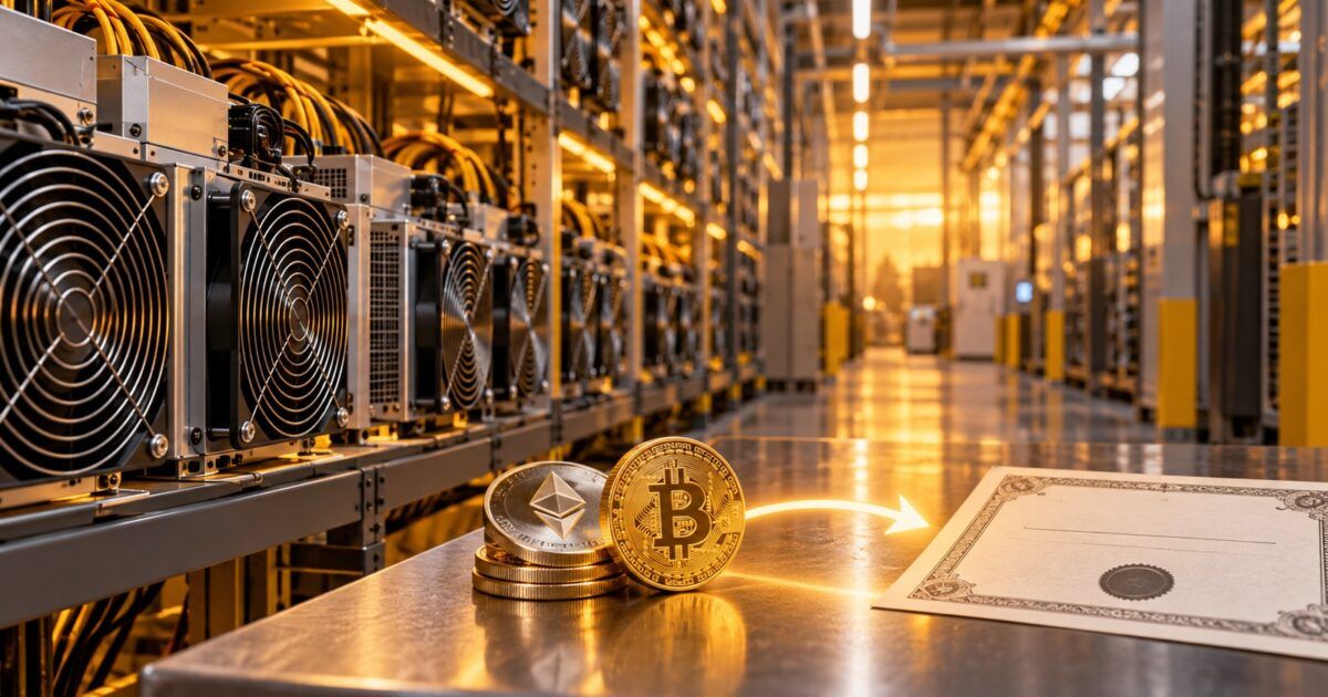 Bitcoin mining rigs lit in yellow and orange with a treasury-to-share-buyback visual