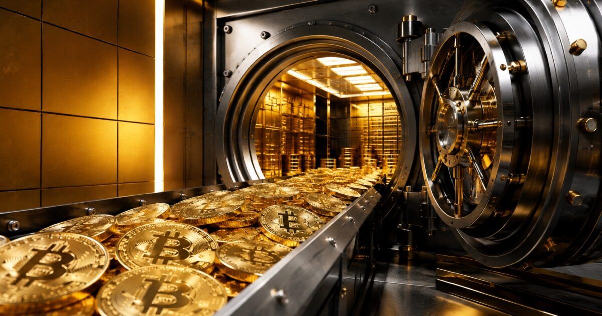 Bitcoin coins moving into a secure institutional vault