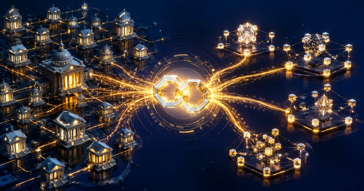 Banking network connected to several blockchain networks through a bright central interoperability link