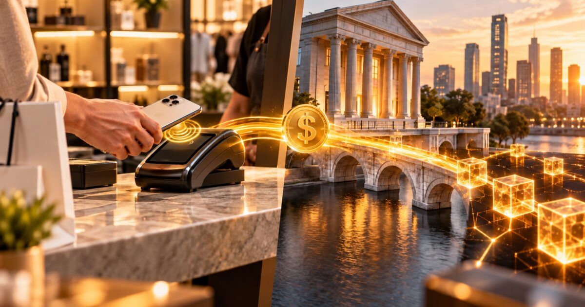 Merchant taps an unbranded payment terminal beside a glowing bank-to-blockchain settlement rail