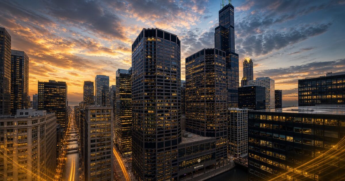 CME Group headquarters in Chicago with a restrained ProCoinNews yellow-orange treatment