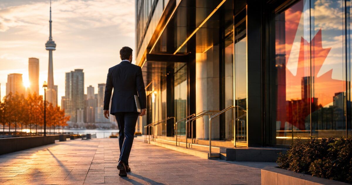 Financial professional walking through Toronto at golden hour as regulated crypto futures access expands in Canada