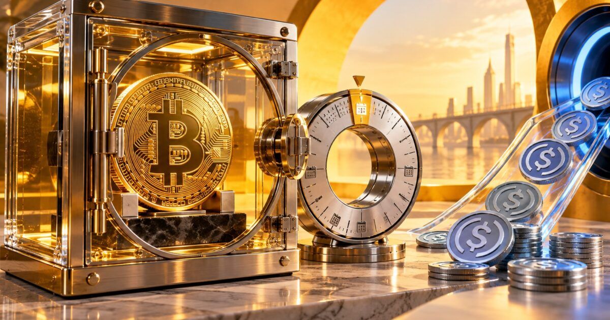 Bitcoin collateral secured in a transparent vault beside a fixed maturity mechanism and USDC liquidity