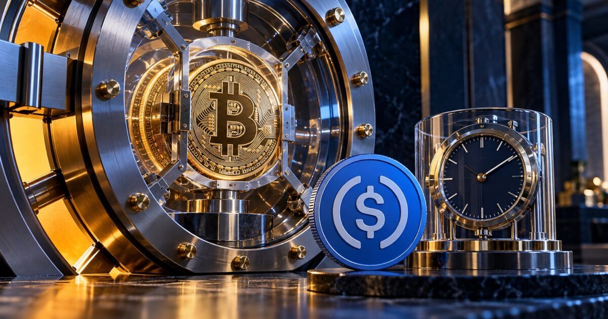 Bitcoin collateral secured beside a stablecoin token and fixed-term clock