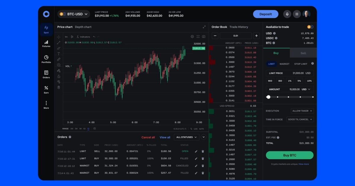 Coinbase Advanced Trade interface representing the exchange’s planned U.S. single-stock perpetual futures