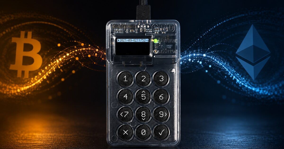 COLDCARD hardware wallet between Bitcoin-orange and Ether-blue light trails