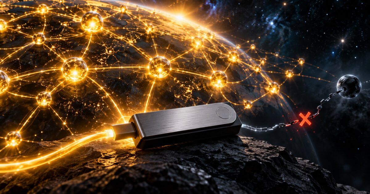 Hardware wallet connected to a recovered blockchain network with one interrupted service path