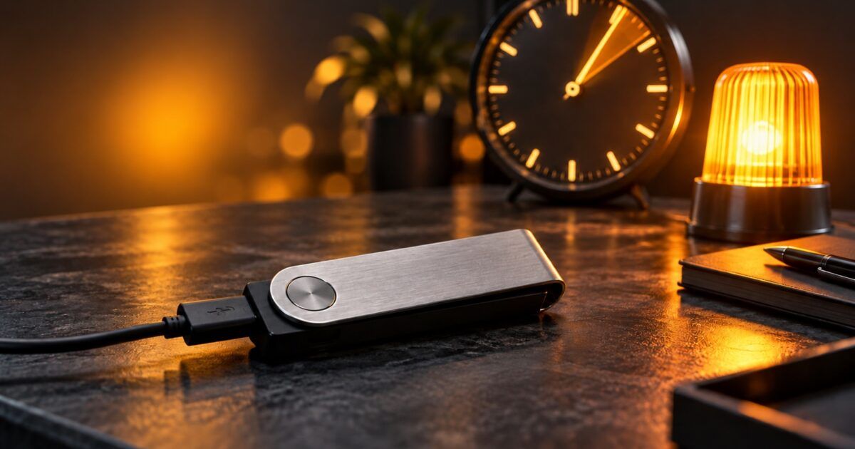 Generic hardware crypto wallet beside an amber warning beacon and analog clock