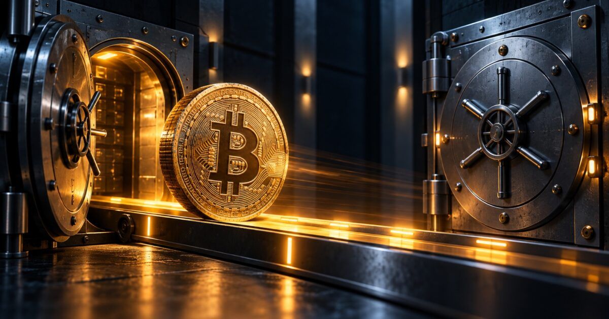 A large Bitcoin coin moving between two secure cold-storage vault compartments