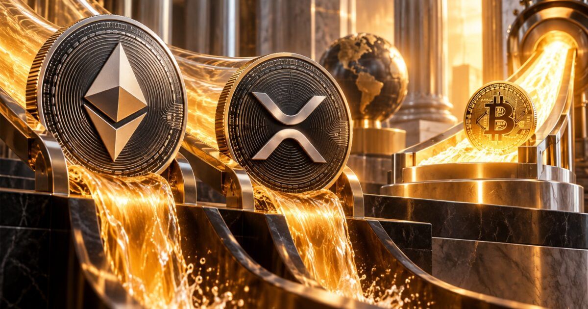 Ethereum and XRP coins moving through gold institutional flows while Bitcoin receives fresh inflows
