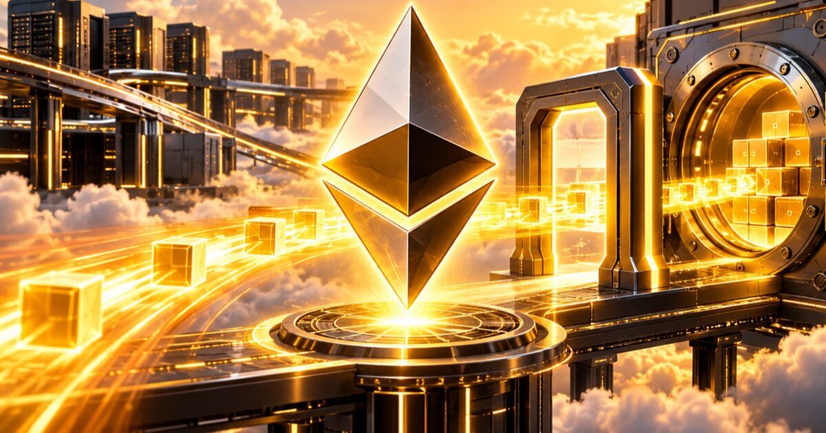 Ethereum symbol above a secure collateral gateway in a bright yellow-orange network
