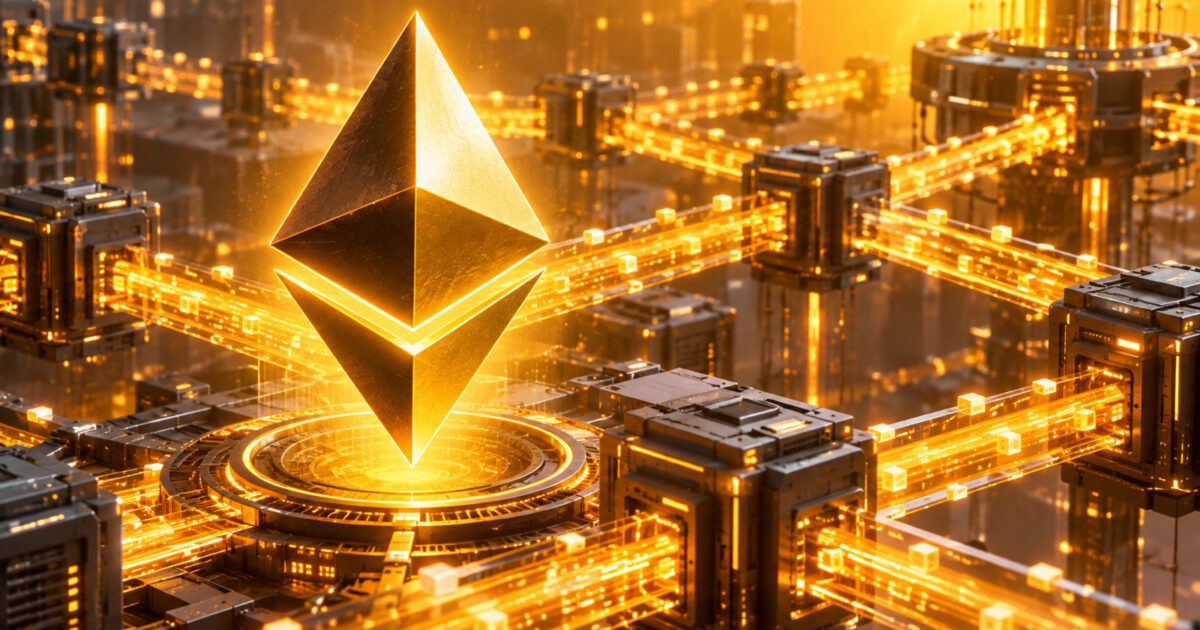 Ethereum symbol above parallel glowing network data lanes during the Glamsterdam scaling rehearsal