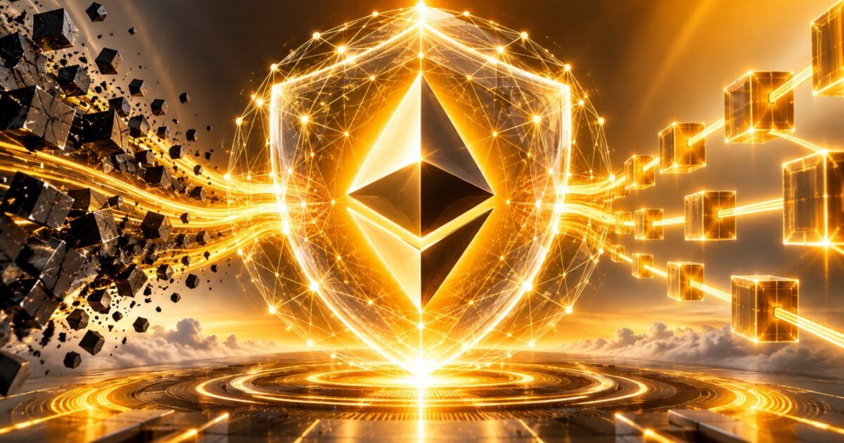 Ethereum symbol protected by a quantum-resistant security shield