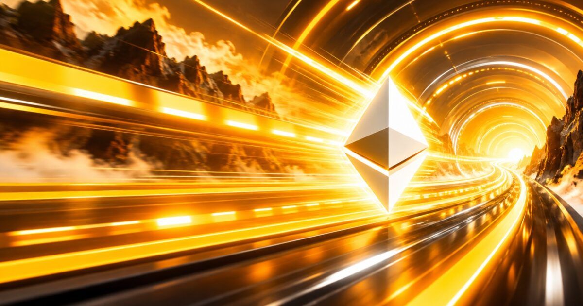 Ethereum diamond moving through bright yellow-orange speed lanes representing faster block times
