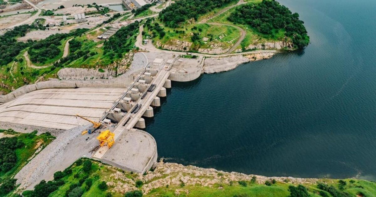 Aerial view of a hydroelectric dam and reservoir in Ethiopia