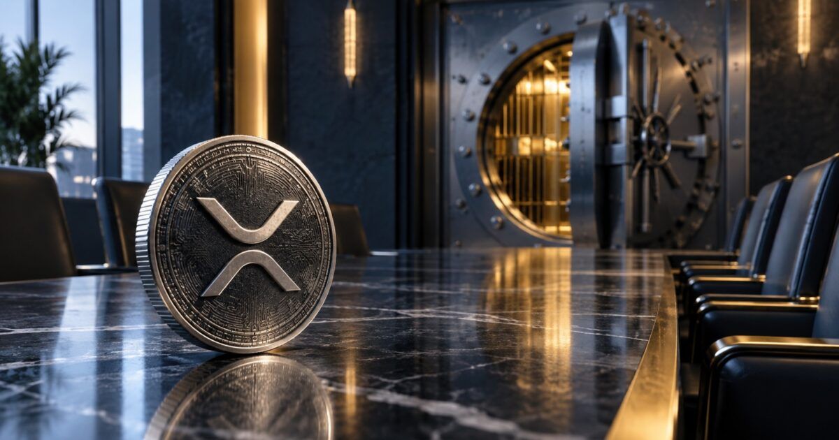XRP coin in an institutional meeting room with a partially open vault