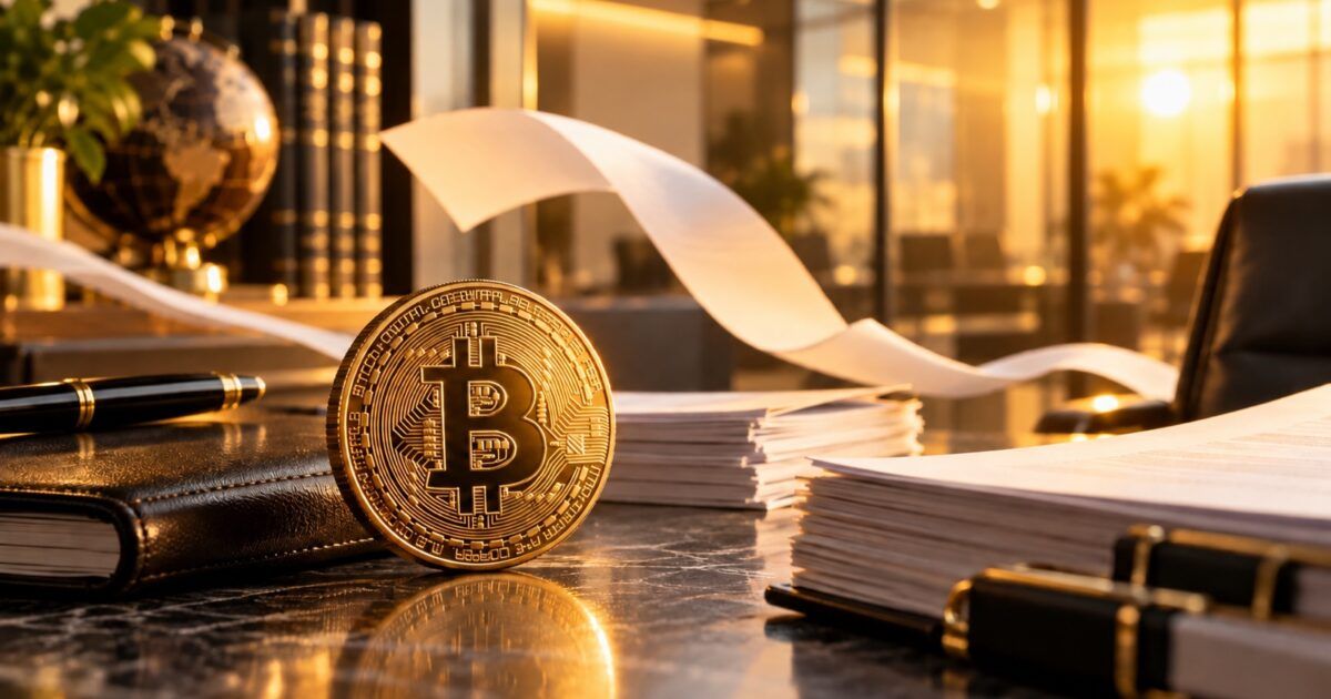 Physical Bitcoin coin beside institutional fund papers in a bright yellow-orange office scene