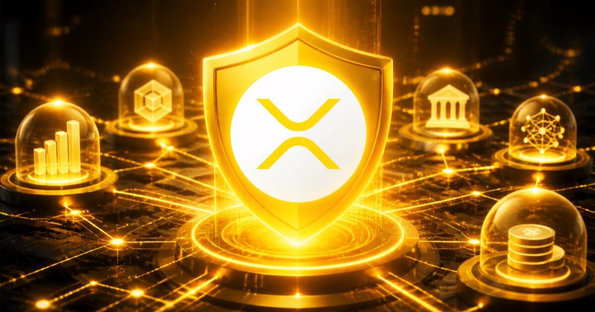 XRP symbol inside a luminous protective shield connected to DeFi infrastructure