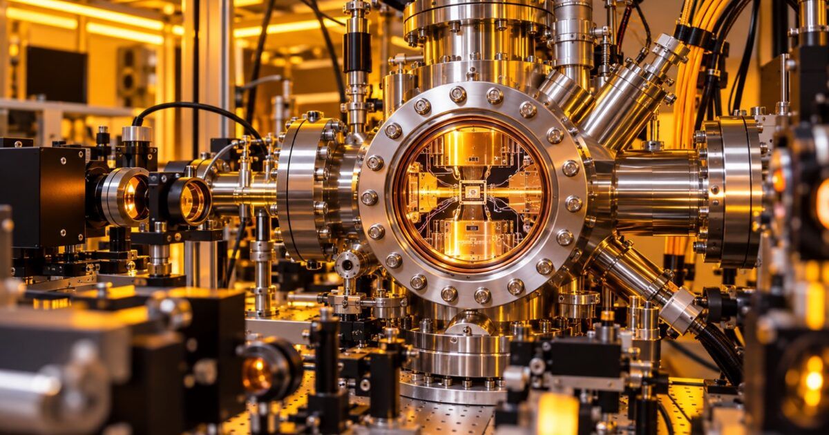 Detailed trapped-ion quantum computing laboratory illuminated in ProCoinNews yellow and orange