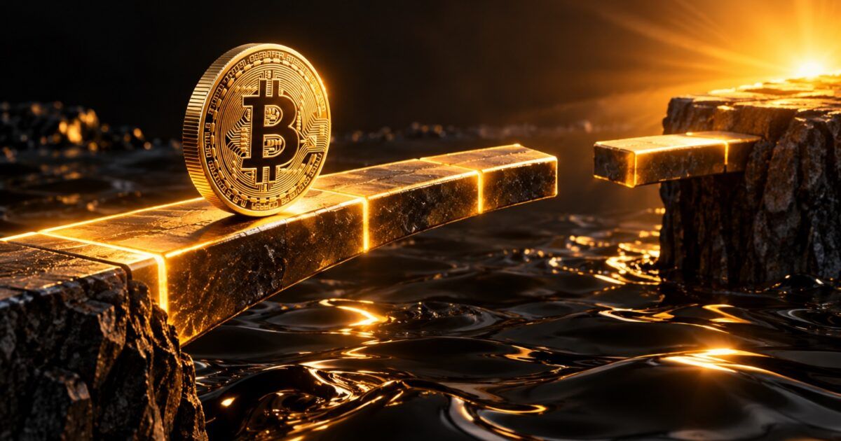 Bitcoin coin crossing an incomplete illuminated bridge above dark liquid