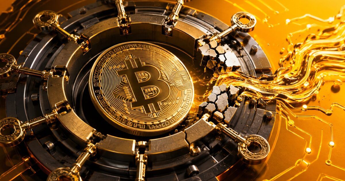 Bitcoin token inside a fractured multi-key federation vault representing the Liquid Network security incident