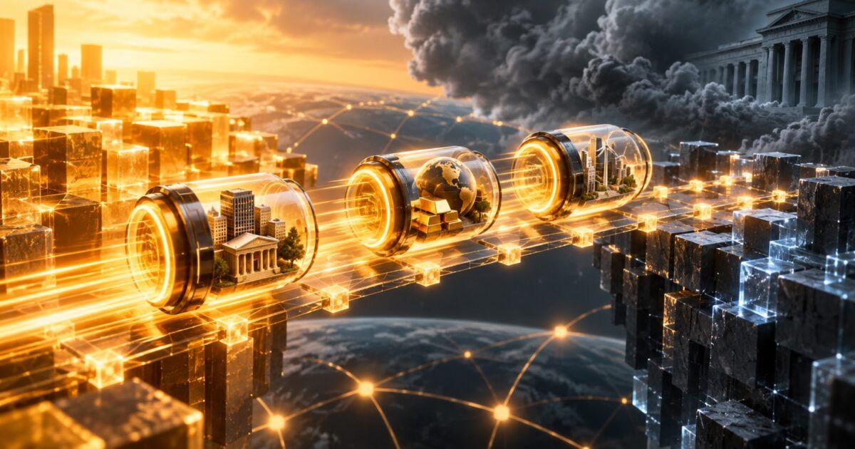 Three tokenized portfolio capsules crossing an onchain settlement network under macro market pressure