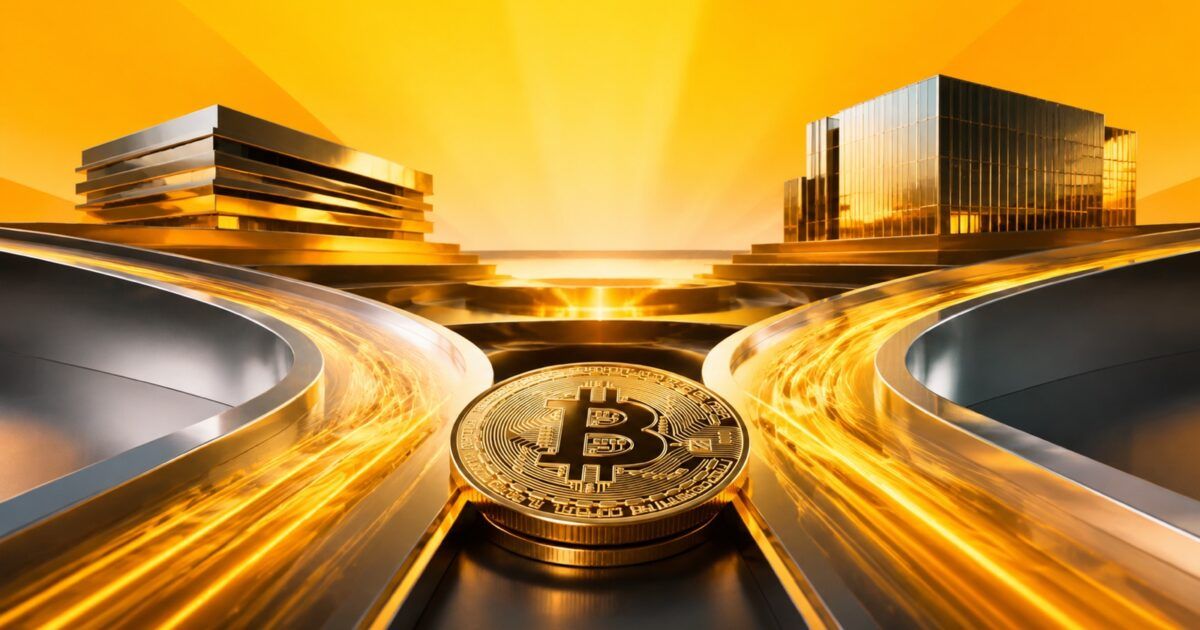 Bitcoin coin between two bright market pathways representing Strategy and Robinhood exposure in a stock ETF